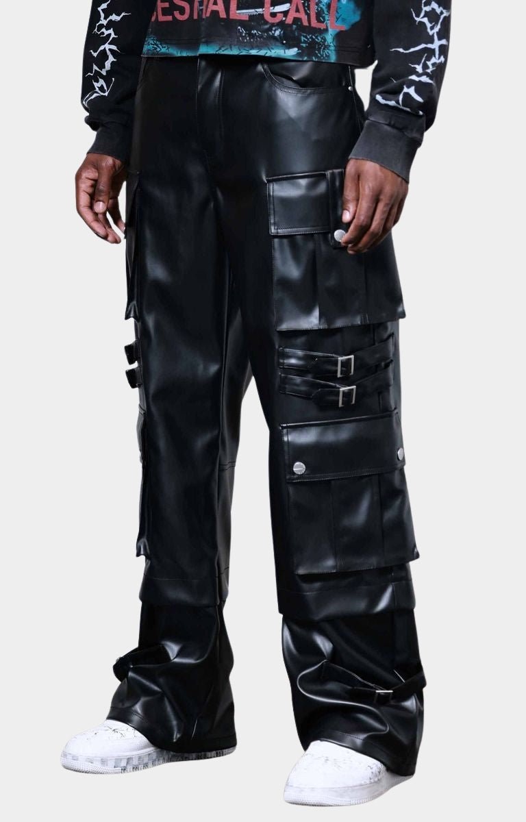 Close-up of buckle and pocket details on First Row Y2K PU cargos.