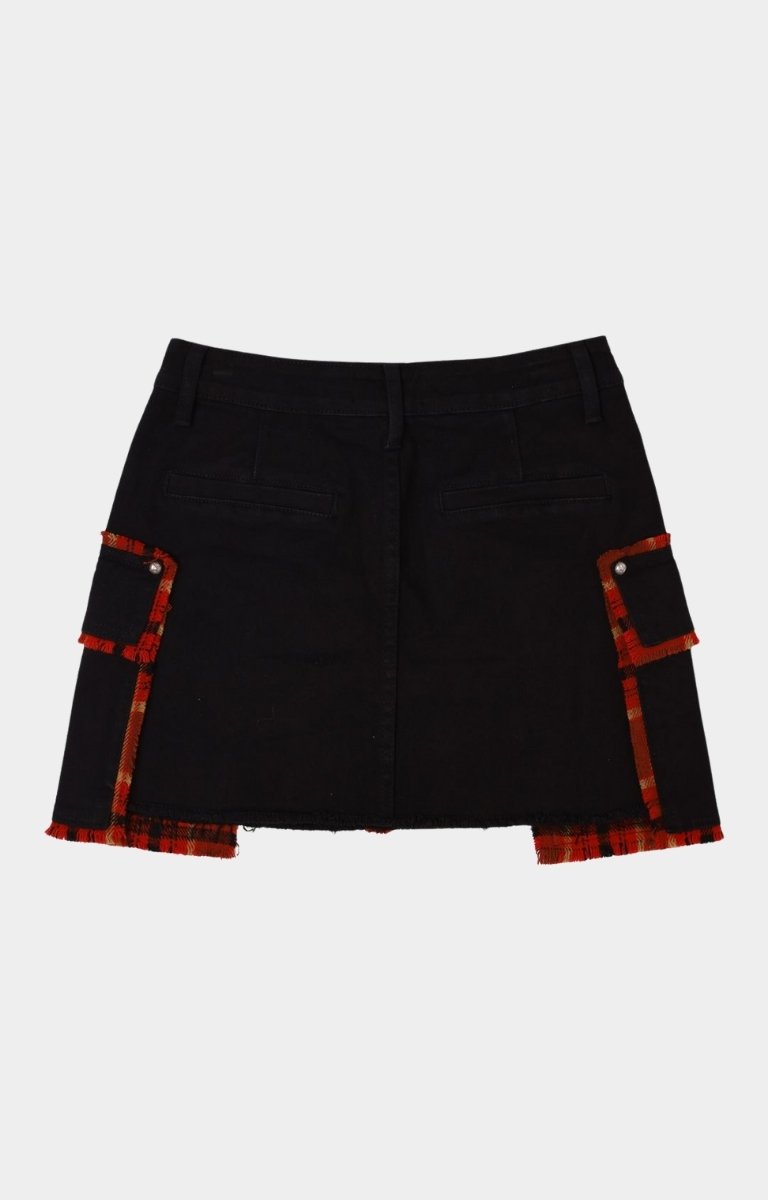 Back view & Close-up detail of embroidery and cargo pockets on First Row Plaid Mini Skirt