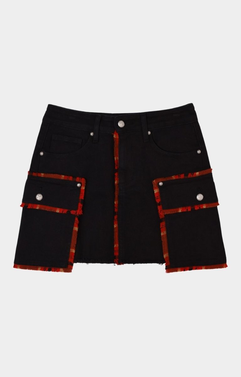 Close-up detail of embroidery and cargo pockets on First Row Plaid Mini Skirt.