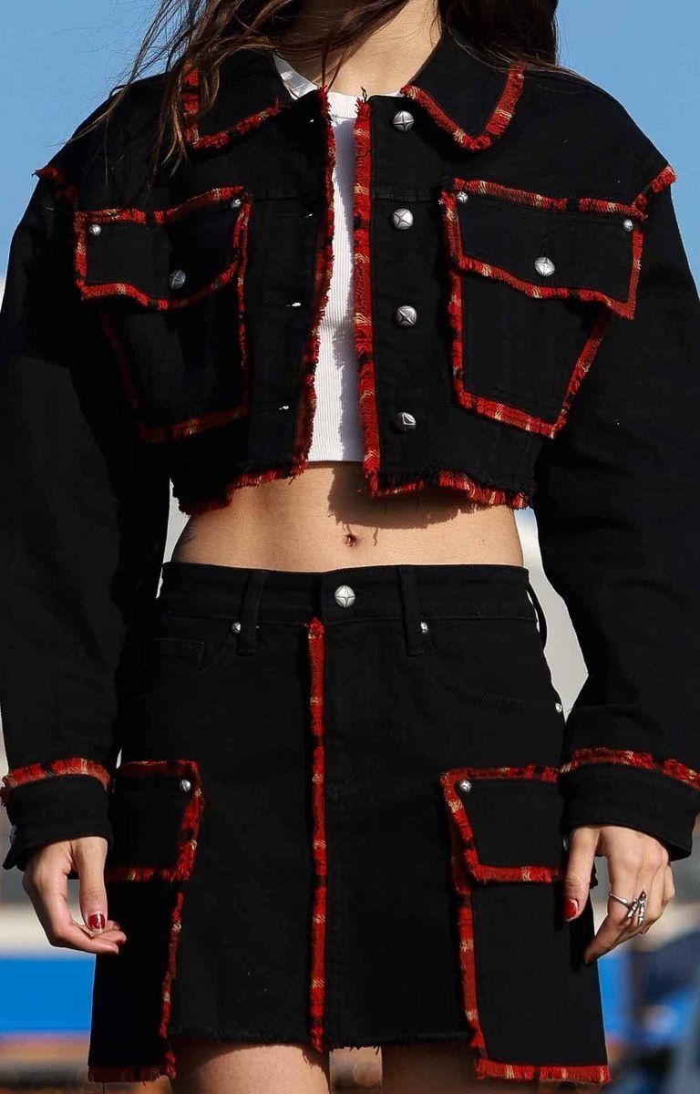 Front view of women’s cropped plaid denim jacket with raw edges by First Row Denim.