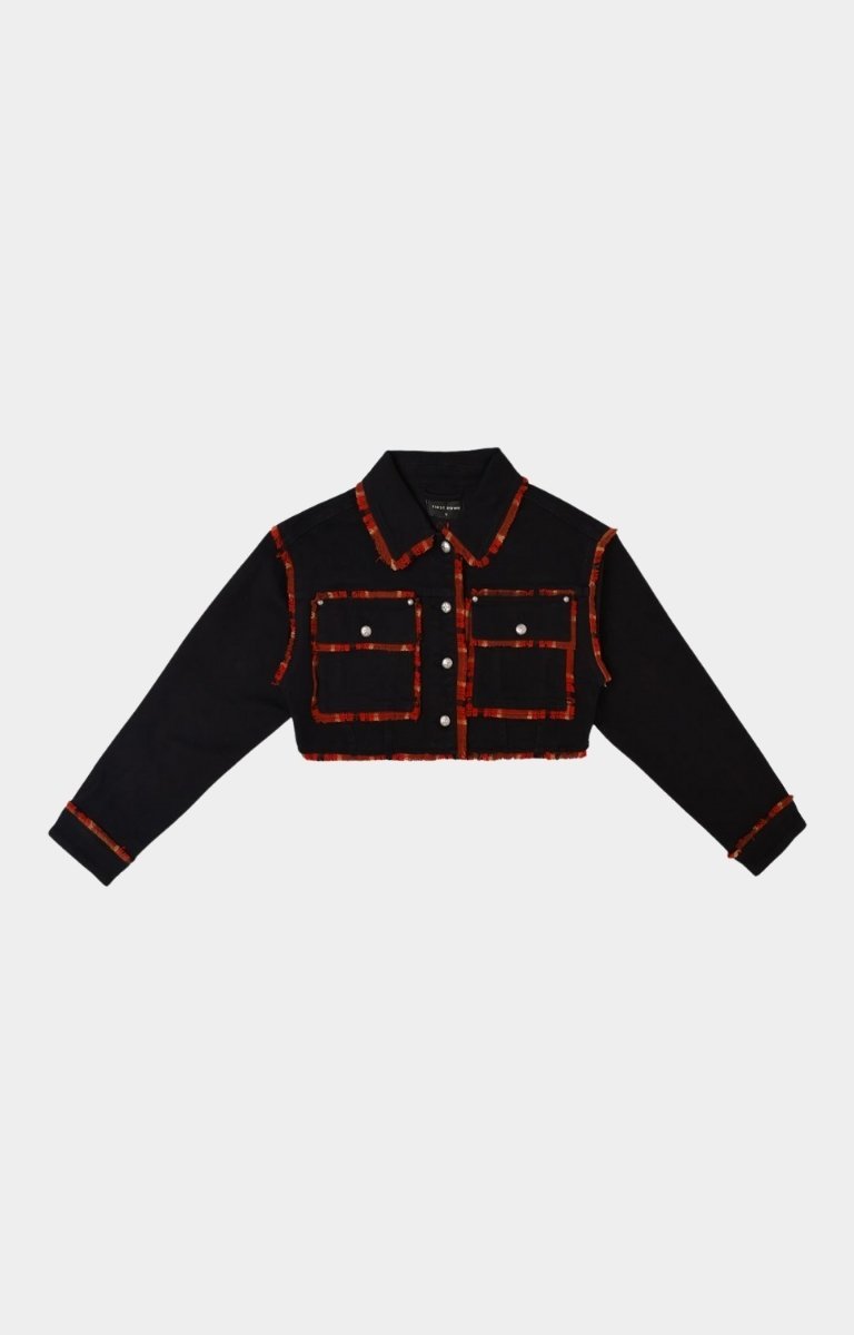 Front view of First Row Plaid Edge Point Crop Jacket with frayed hem.