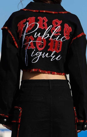 Back view of women’s cropped plaid denim jacket with frayed hem by First Row Denim. 
