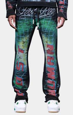 Front view of First Row Heavy Washed Stack Sweat Jogger with rhinestones.
