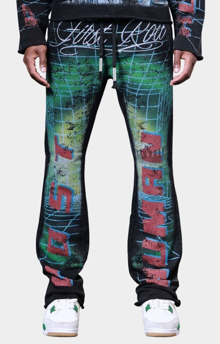 Front view of First Row Heavy Washed Stack Sweat Jogger with rhinestones.