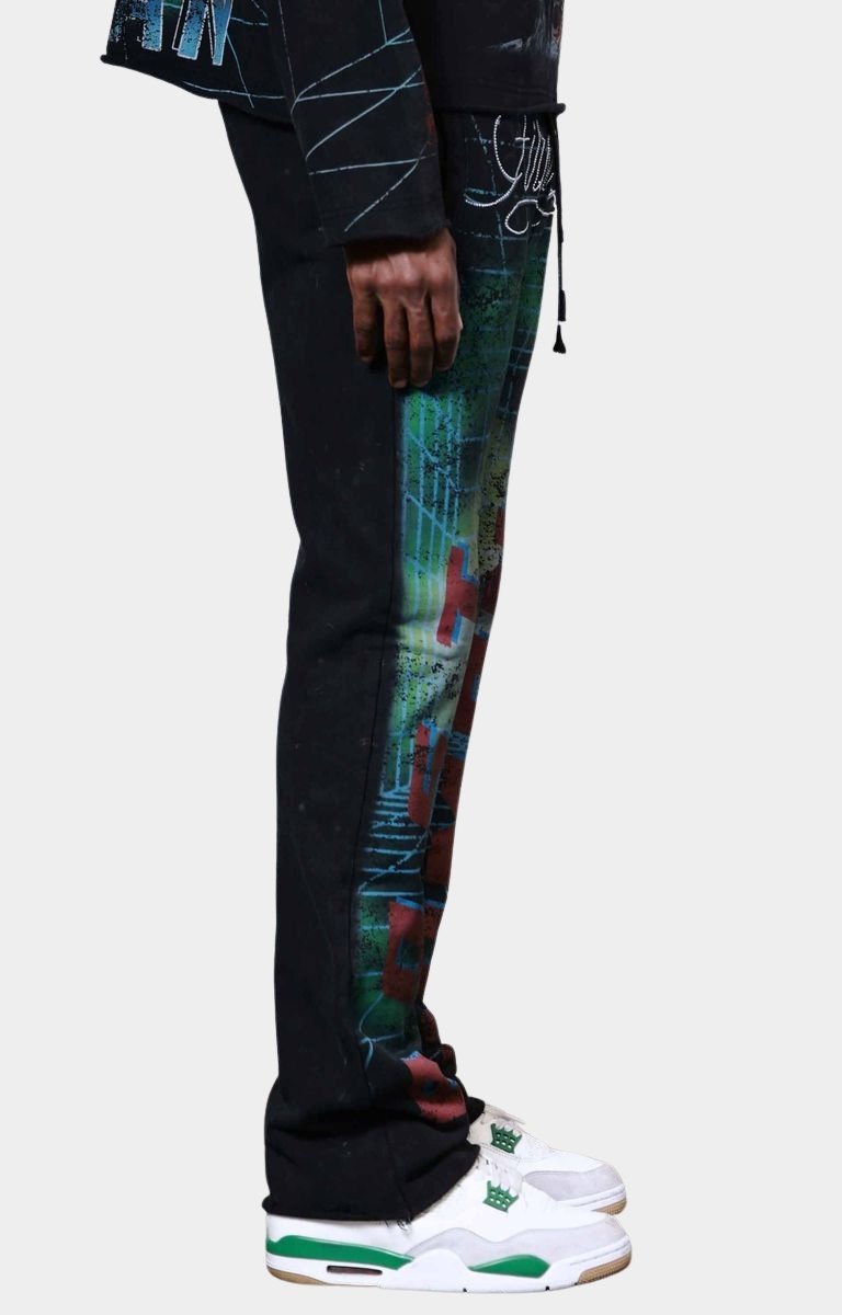 Side view of First Row post human heavy washed stacked jogger in 100% cotton with washed finish.