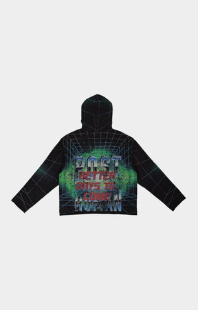 Back view of First Row Post Human Matrix Hoodie with rhinestone details at High Street Brands Co.