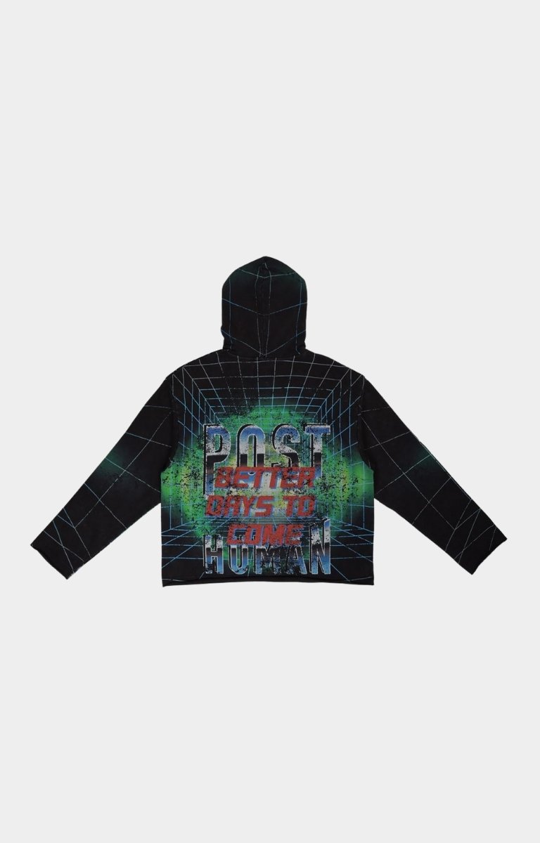 Back view of First Row Post Human Matrix Hoodie with rhinestone details at High Street Brands Co.