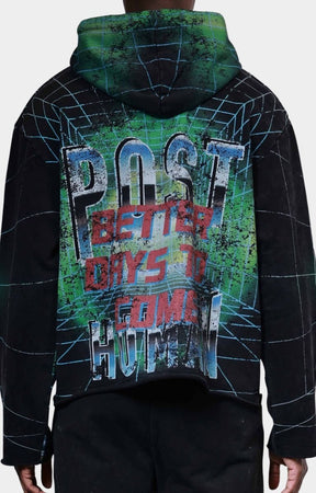 Back view of oversized First Row Post Human Matrix Hoodie in washed black cotton.