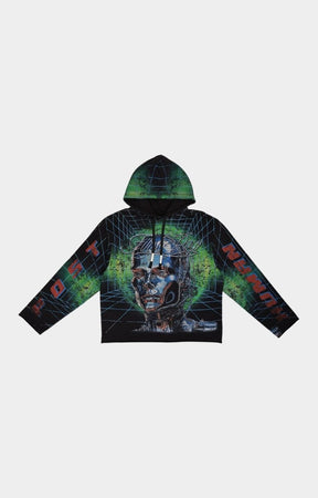 Front view of First Row Post Human Matrix Hoodie with rhinestone details at High Street Brands Co.
