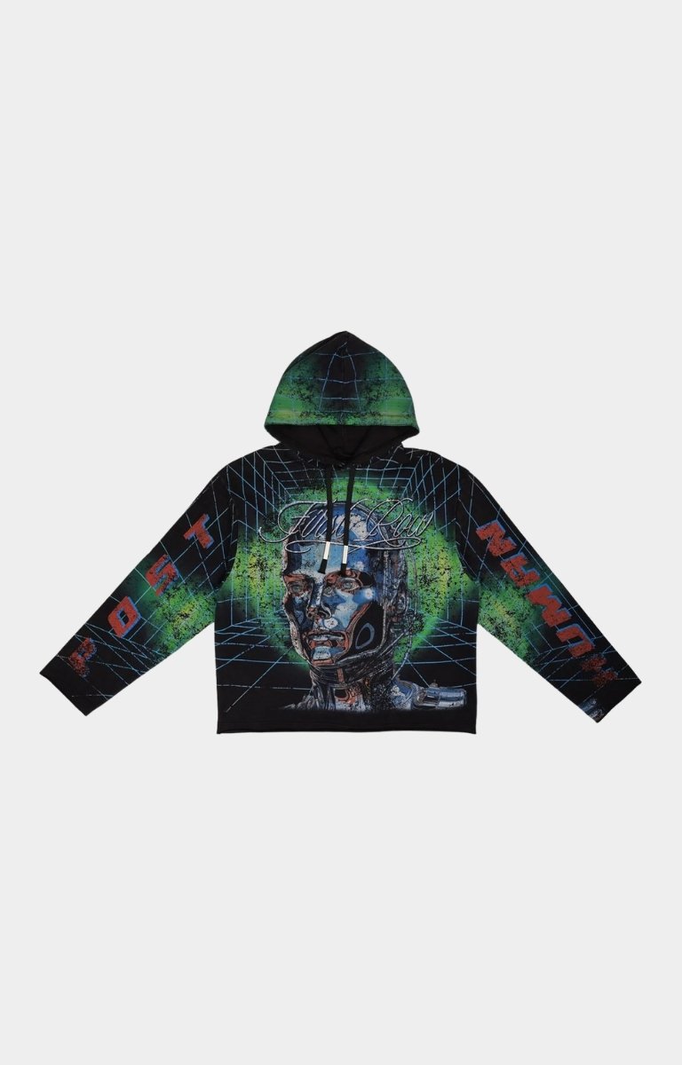 Front view of First Row Post Human Matrix Hoodie with rhinestone details at High Street Brands Co.