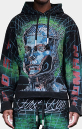 Front view of First Row Post Human Matrix Hoodie with rhinestone details.