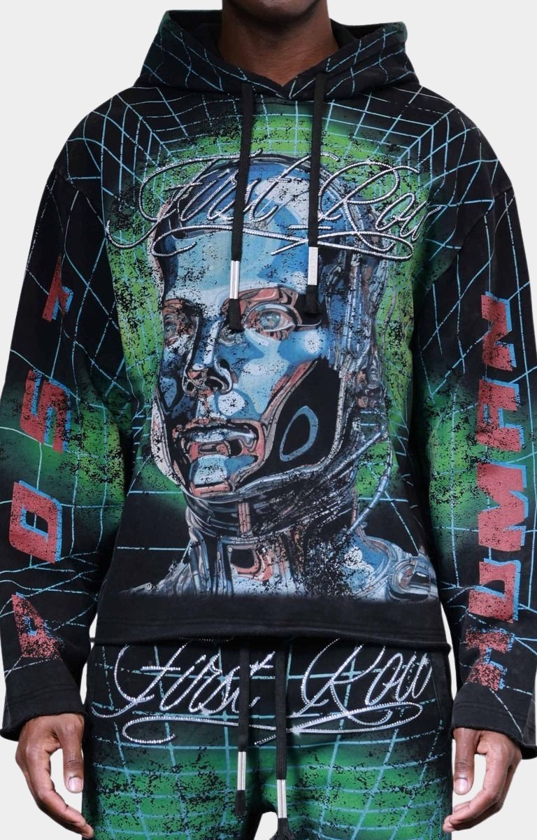 Front view of First Row Post Human Matrix Hoodie with rhinestone details.