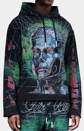 Streetwear outfit styled with First Row Post Human Matrix Hoodie.