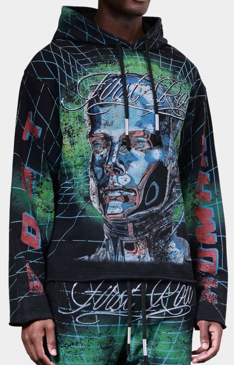 Streetwear outfit styled with First Row Post Human Matrix Hoodie.