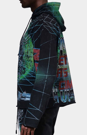 Side view of First Row Post Human Matrix Hoodie with rhinestone details.