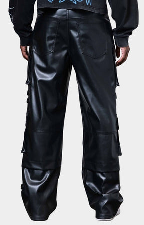 Back view of wide fit First Row PU cargo pants with utility pockets.