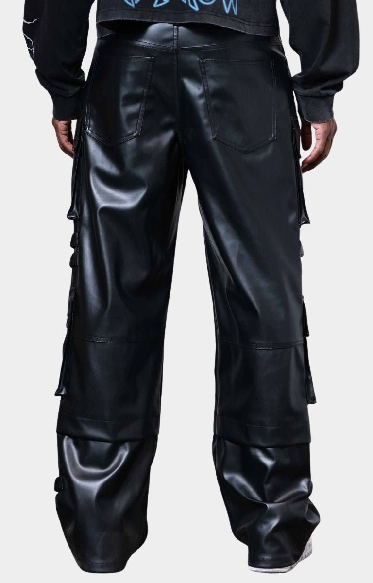 Back view of wide fit First Row PU cargo pants with utility pockets.