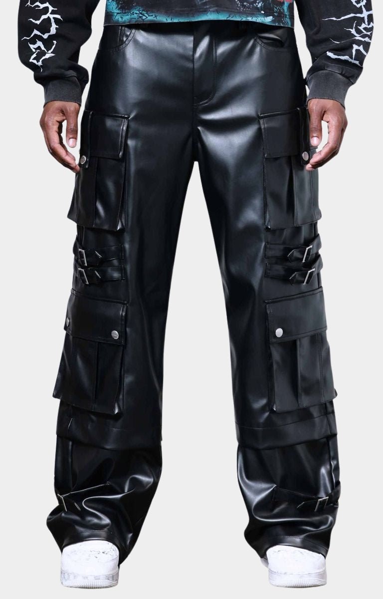 Front view of First Row PU Y2K Utility Cargo Pants in faux leather.