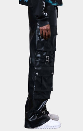 First Row Black faux leather cargo pants with multiple pockets and buckles on the side.