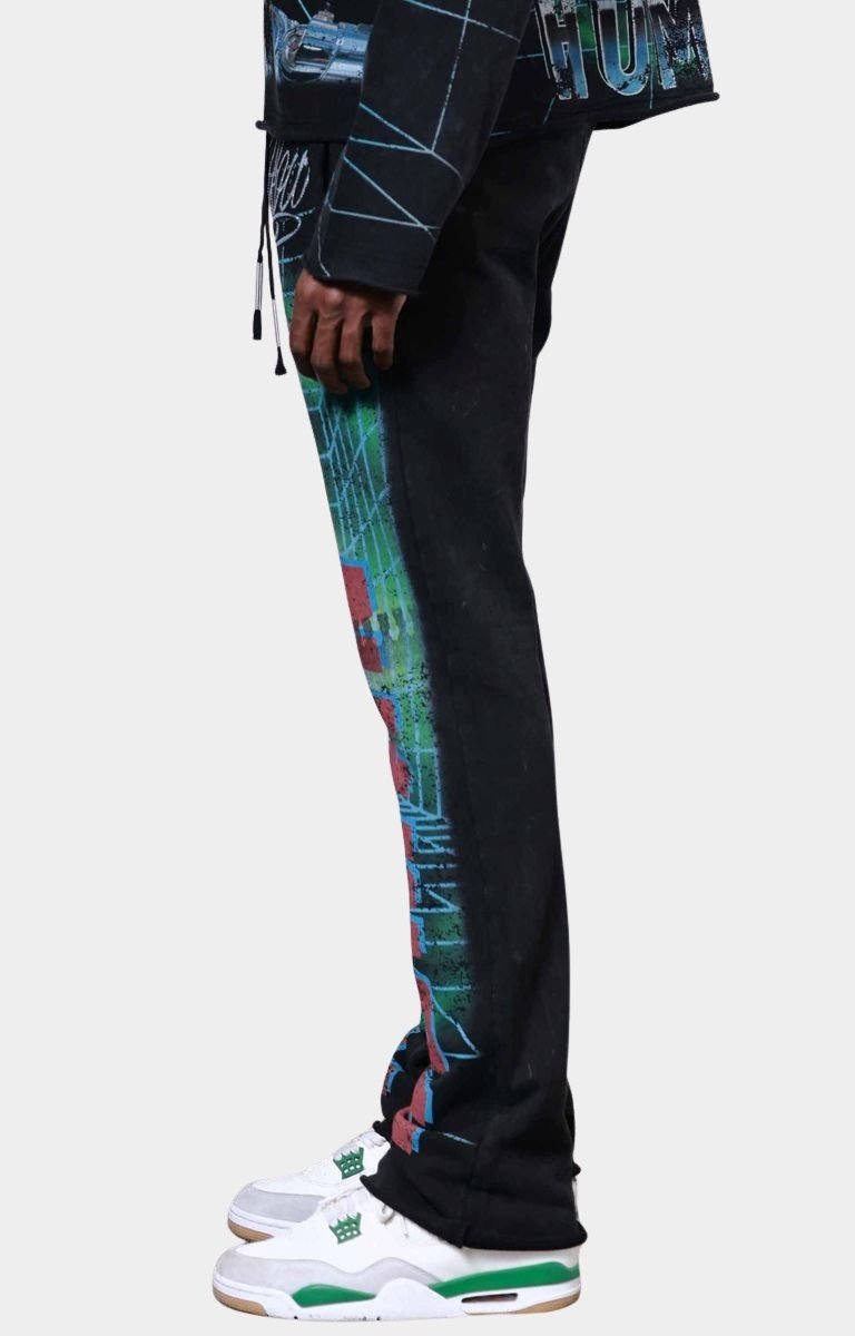 Side view of First Row Heavy Washed Stack Sweat Jogger with rhinestones.