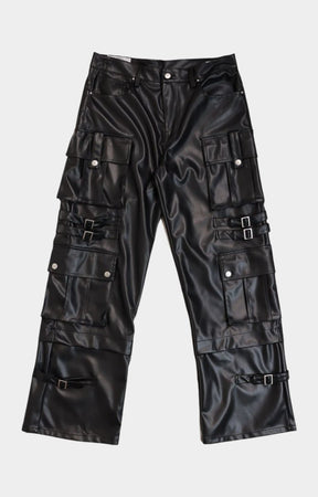 Streetwear styling of First Row wide fit faux leather Y2K cargo pants - front view.