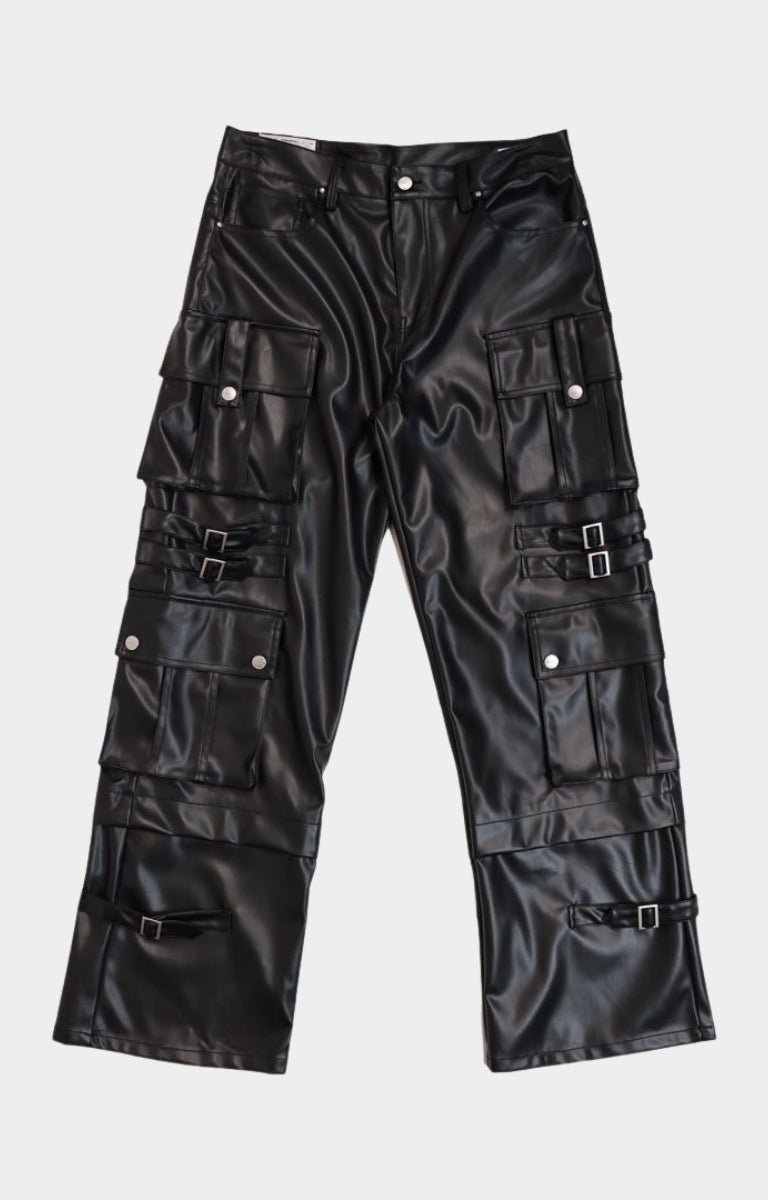 Streetwear styling of First Row wide fit faux leather Y2K cargo pants - front view.