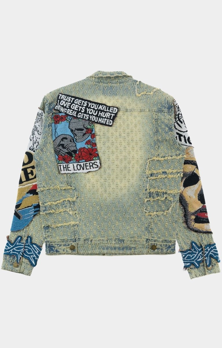 Back view showing dye pattern and tattered distressing on BRAVE HEART jacket