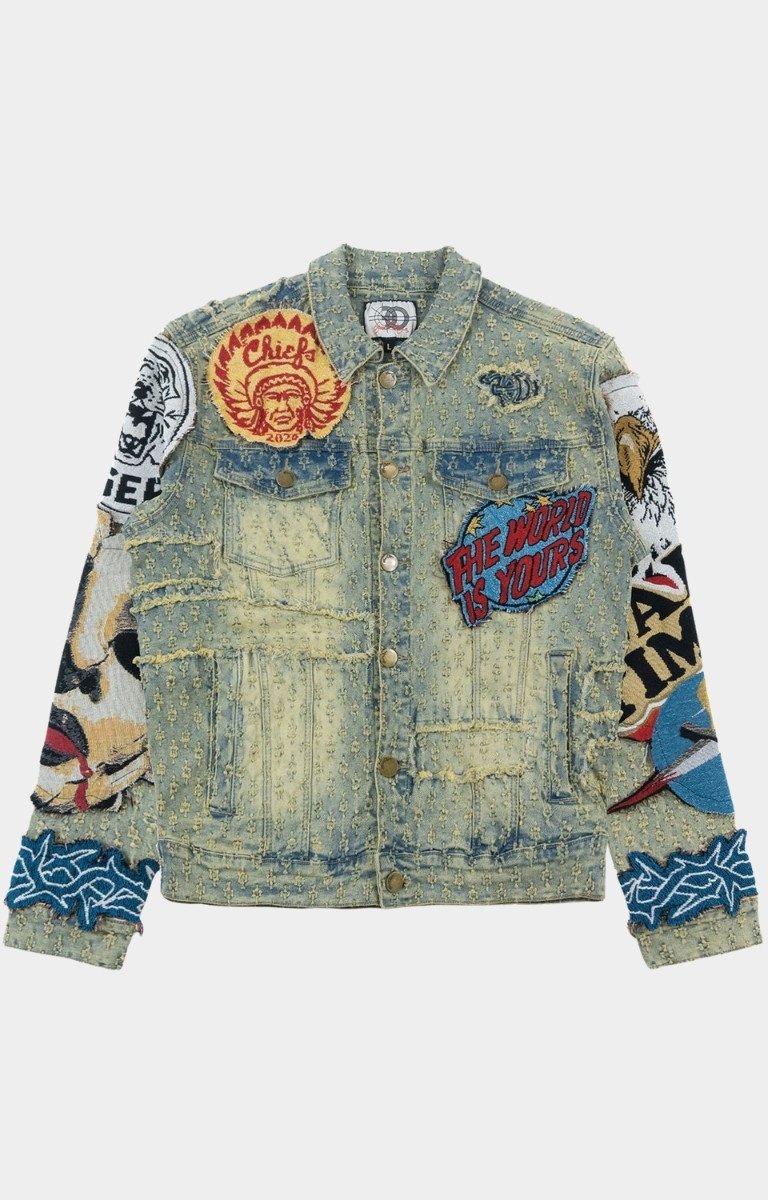 Front view of Frost Originals BRAVE HEART Denim Jacket with tapestry patches