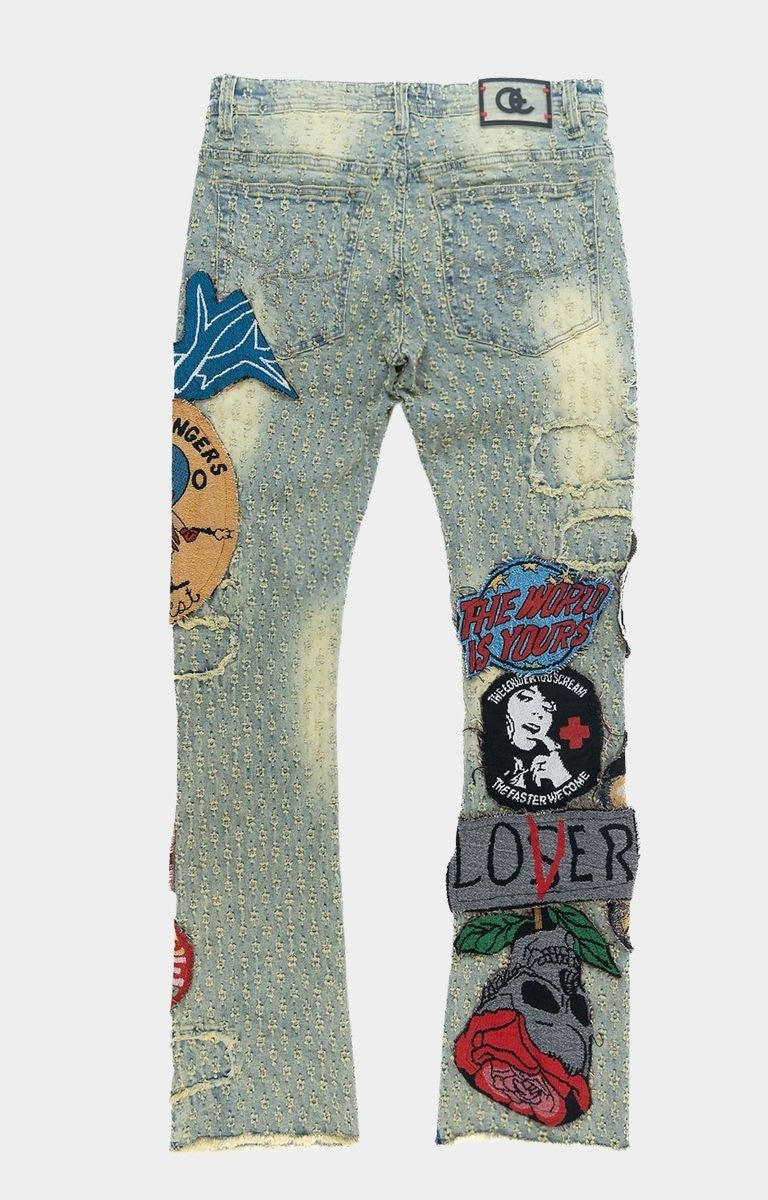 Back view showing unique dye and distressing on BRAVE HEART jeans.