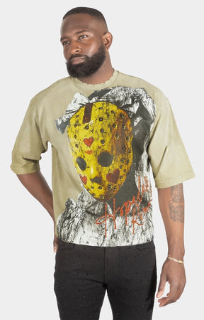 Front view of FROST Hopeless Cropped Tee in oat with rhinestone glitch graphic.