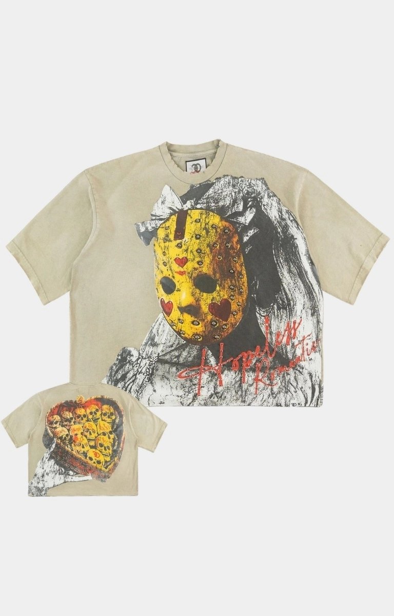 Front and back view of gem rhinestone graphic on FROST Hopeless streetwear t-shirt.