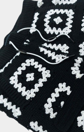 Close-up crochet knit fabric detail on Frost Black White sweatpants.