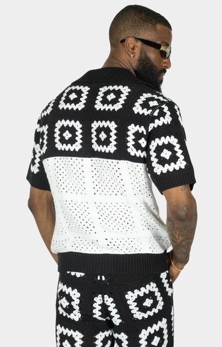 Relaxed fit silhouette of Frost Nuevo Riche crochet knit shirt