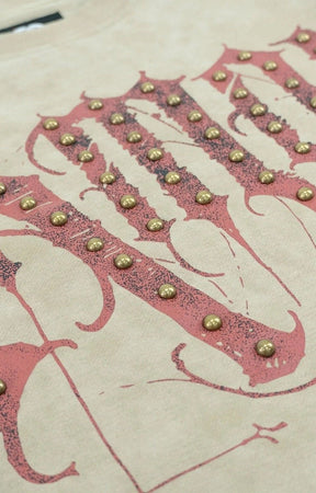 Close-Up of “Amor” Print and Studded Details on Frost Originals Mocha Set