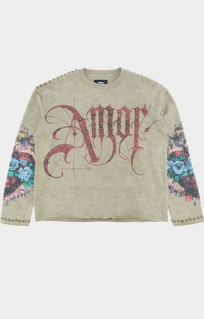 Close-Up of “Amor” Print and Studded Details on Frost Originals Mocha Shirt
