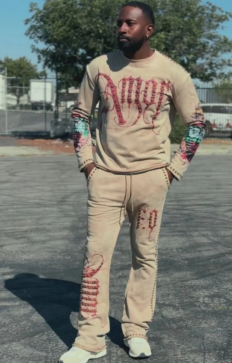 Model Wearing Frost Originals AMOR Jogging Set – Mocha Acid Wash Finish