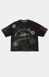 GFA Manasseh Art Dept 2 Short Sleeve Knit T-Shirt front view. boxy fit and slightly cropped fit tee with distressed hem.