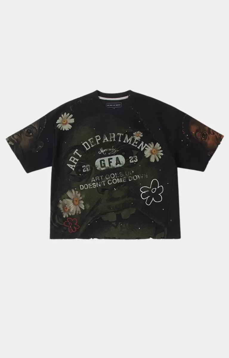 GFA Manasseh Art Dept 2 Short Sleeve Knit T-Shirt front view. boxy fit and slightly cropped fit tee with distressed hem.