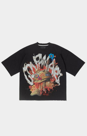 Front view of GFA Manasseh Chomp SS Knit oversized tee in Jet Black with helmeted figure graphic.