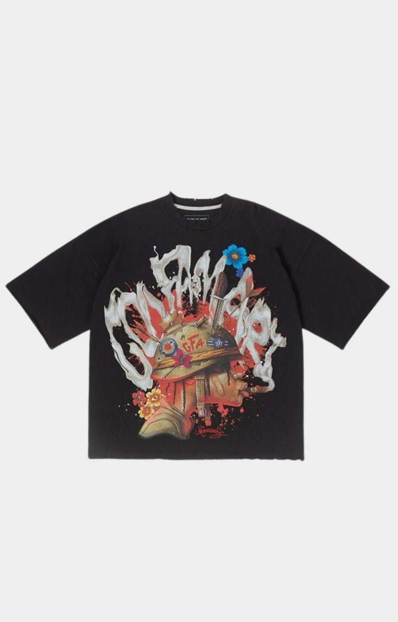 Front view of GFA Manasseh Chomp SS Knit oversized tee in Jet Black with helmeted figure graphic.