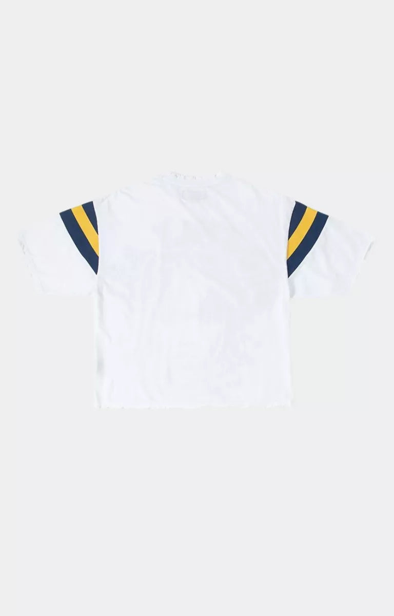 Back view of GFA Manasseh Midlo Short Sleeve Knit White with Estate Blue contrast sleeve gusset detail on GFA Manasseh Midlo Knit.