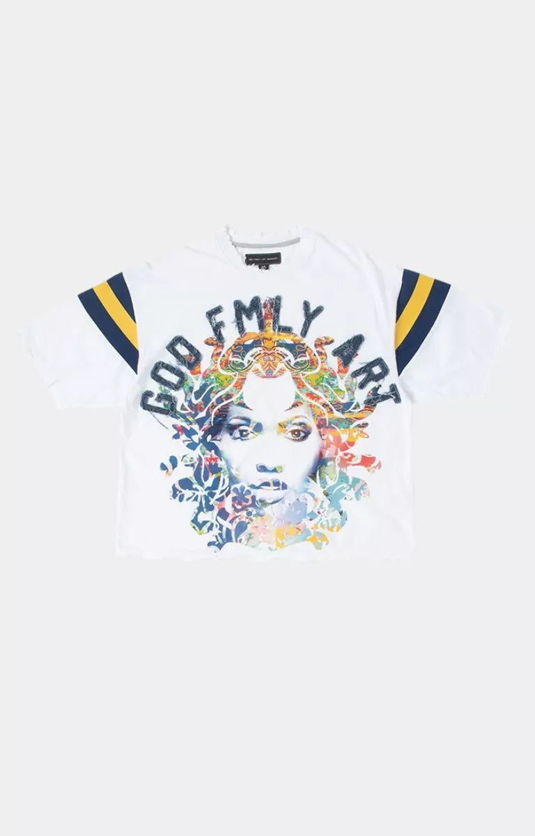 GFA Manasseh Midlo Short Sleeve Knit White Cropped and Box Fit front view.