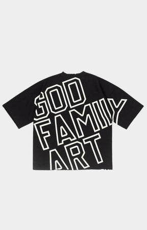 Back view of gold grill smile and pink God Family Art print on black oversized tee.