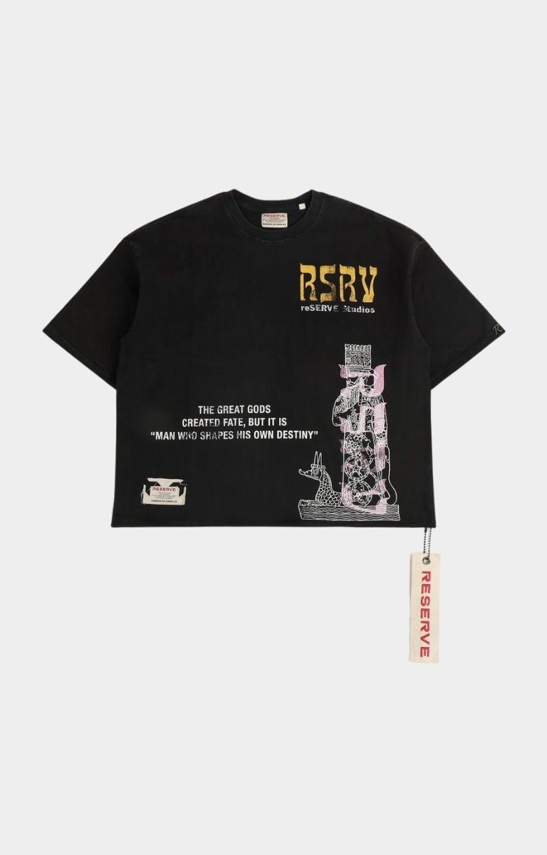 Front view of GFTD LA Destiny Black Tee with RSRV Studios logo