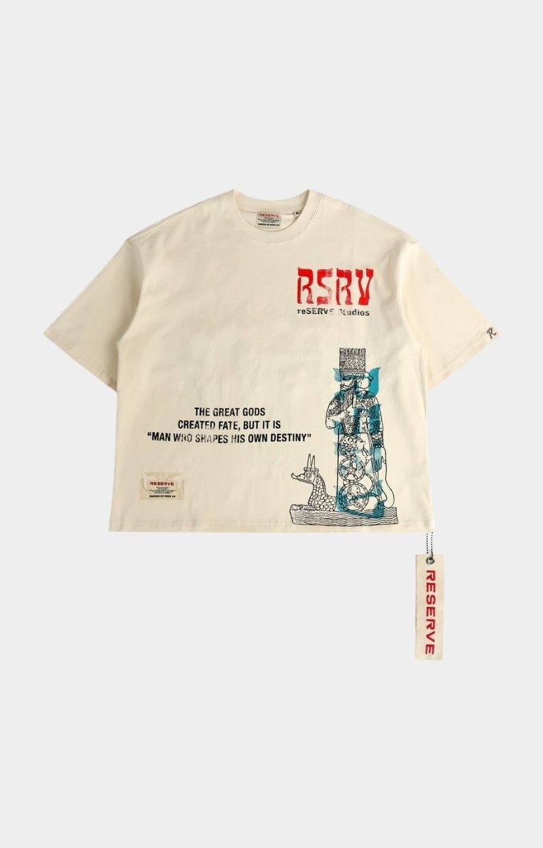 Front view of GFTD LA Destiny Bone Tee with red RSRV logo and destiny quote