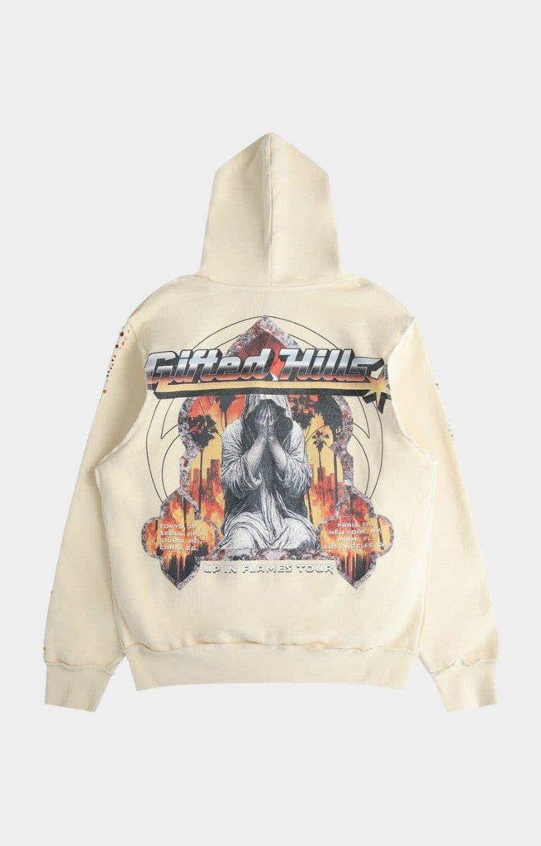 Back view of Flame Tour graphic hoodie in Bone