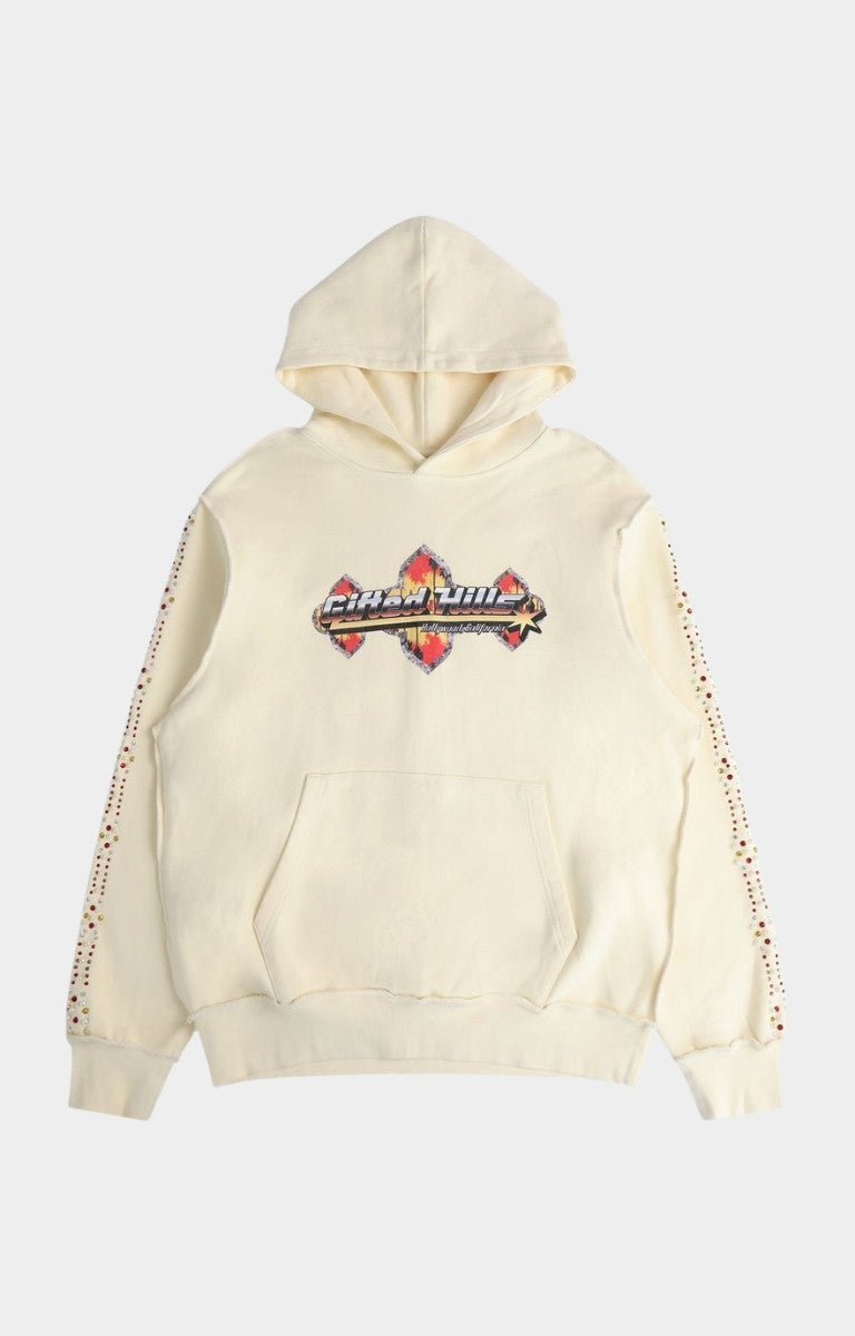 Front view of GFTD LA Flame Tour Hoody in Bone color