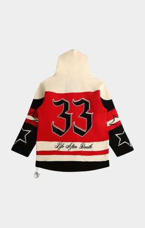Back view of GFTD LA Pathaway red graphic hoodie.