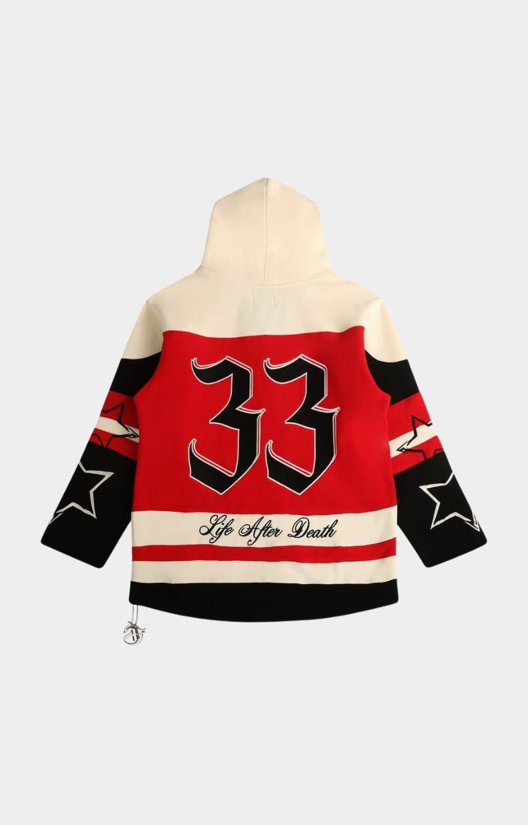 Back view of GFTD LA Pathaway red graphic hoodie.
