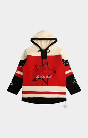 GFTD LA Pathaway red hoodie front view with star graphic.